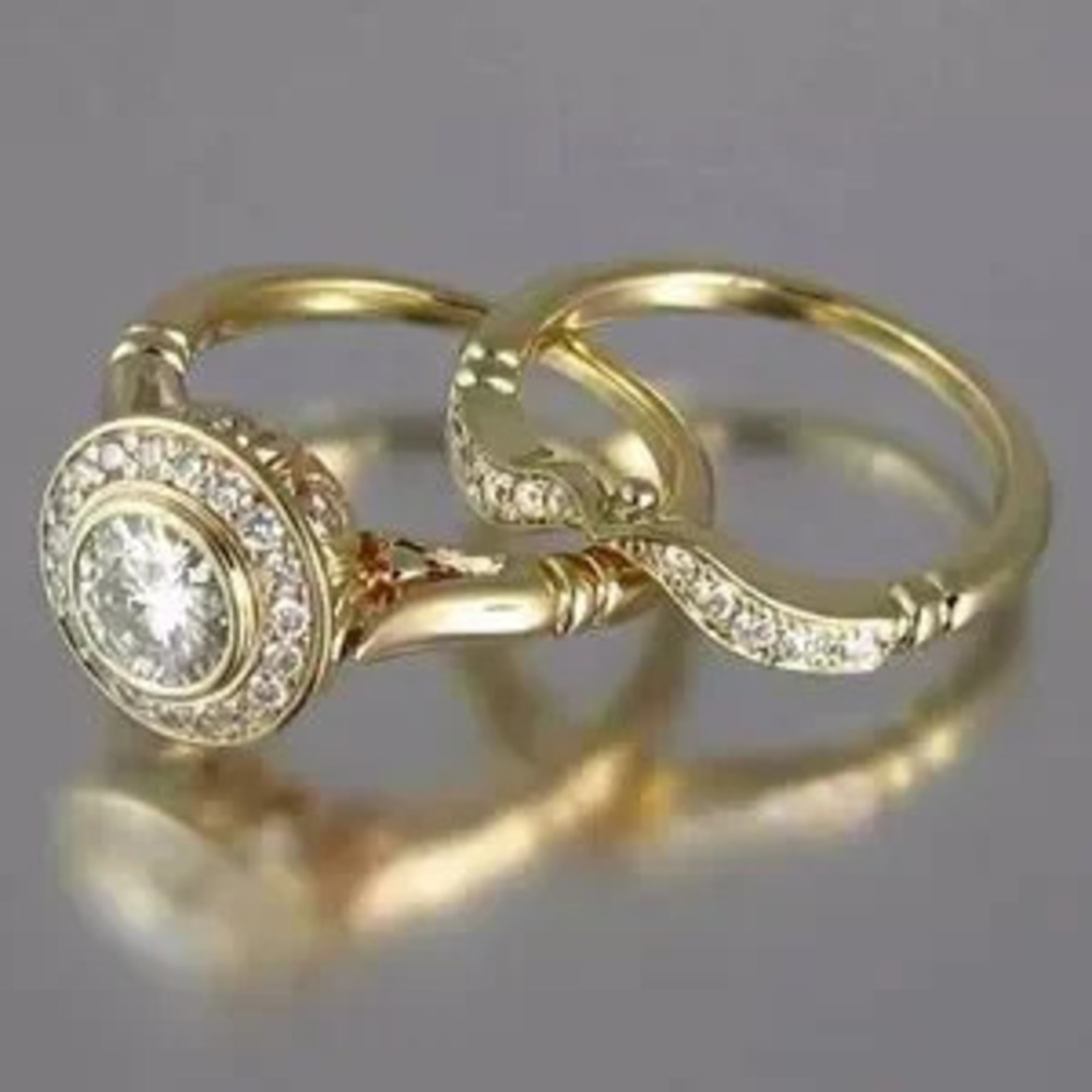 Engagement Ring Set New Gold?2PC Bridal Ring Set Wedding Ring Size 8